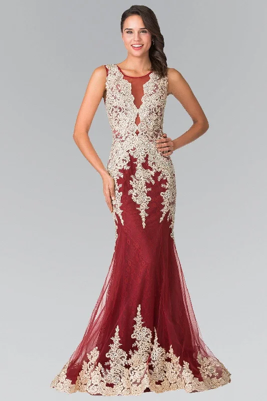 Jewels Embellished Lace Illusion Long Prom Dress