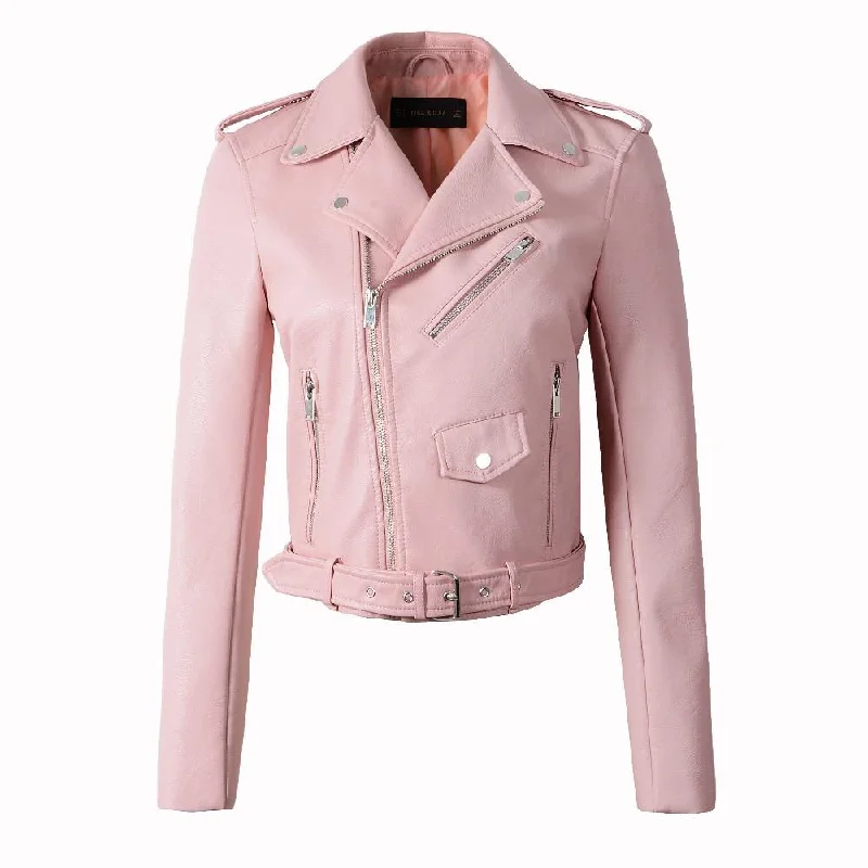 Autumn Winter Motorcycle Synthetic Leather Jacket in Yellow for Women