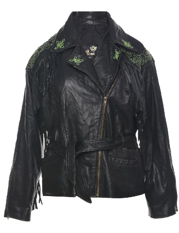 Fringed Embroidered Biker Style Leather Jacket - L