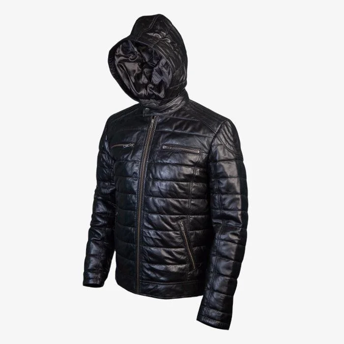 Puffy Leather Jacket With  Hood