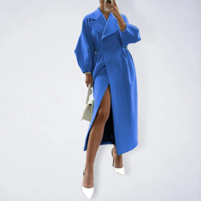 Retro court style lantern sleeve woolen coat with large lapel and long coat