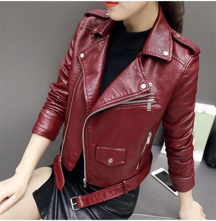 Women's Autumn Synthetic Soft Leather Motorcycle Jacket with Fashion Zipper