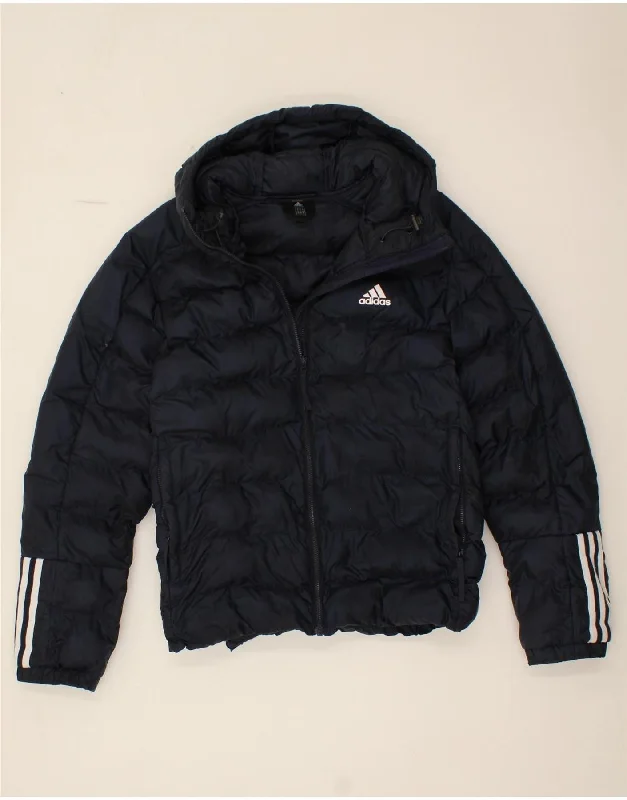 ADIDAS Womens Hooded Padded Jacket UK 14 Medium Navy Blue Polyester