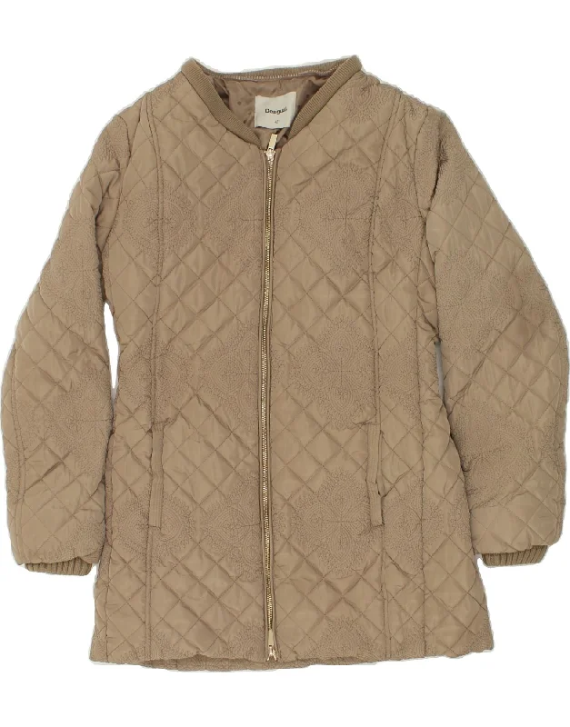 DESIGUAL Womens Abstract Pattern Quilted Padded Jacket EU 42 Large Beige