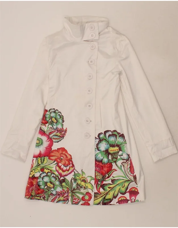 DESIGUAL Womens Graphic Overcoat EU 38 Medium White Floral Polyester