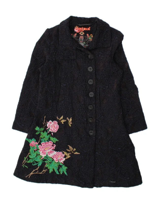 DESIGUAL Womens Graphic Overcoat EU 44 XL Navy Blue Floral Polyester