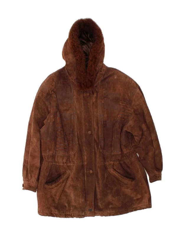 GAS Womens Hooded Suede Overcoat IT 46 Large Brown Leather