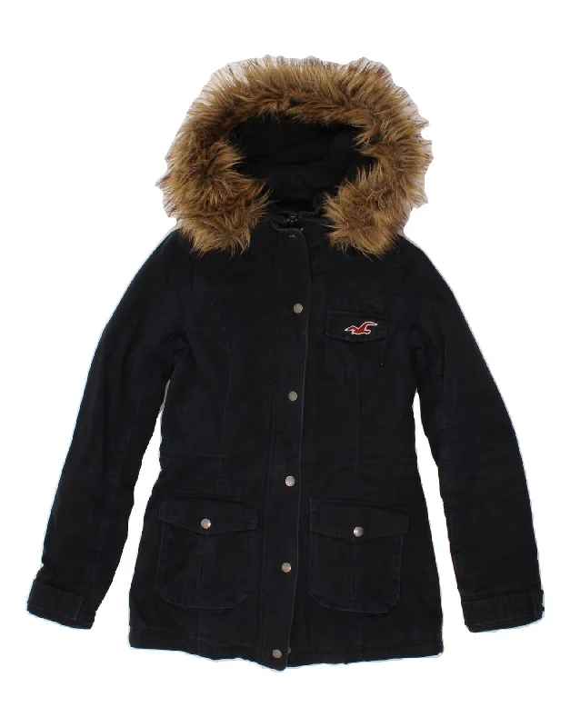 HOLLISTER Womens Hooded Parka Jacket UK 6 XS Navy Blue Cotton