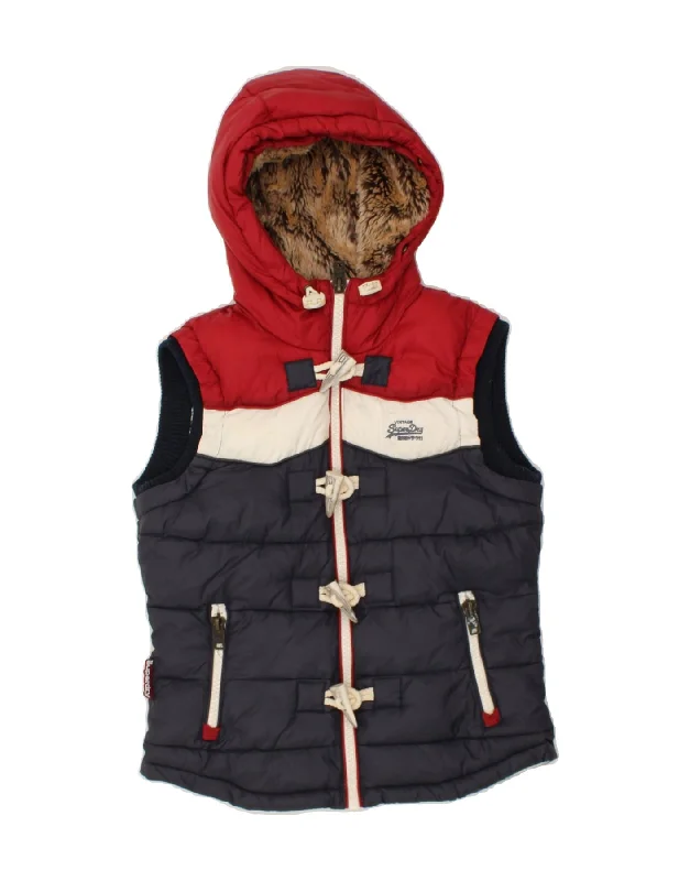 SUPERDRY Womens Hooded Padded Gilet UK 10 Small Navy Blue Colourblock