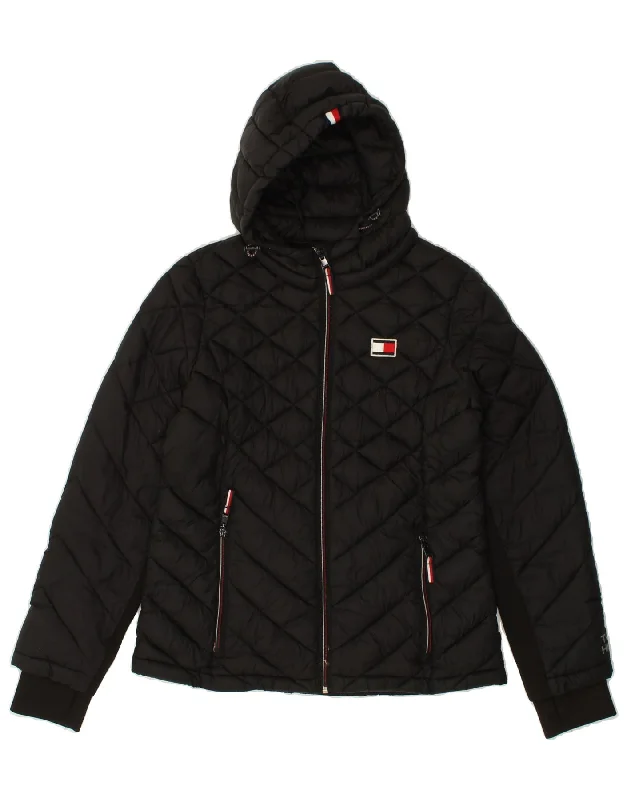 TOMMY HILFIGER Womens Hooded Quilted Jacket UK 10 Small Black Nylon