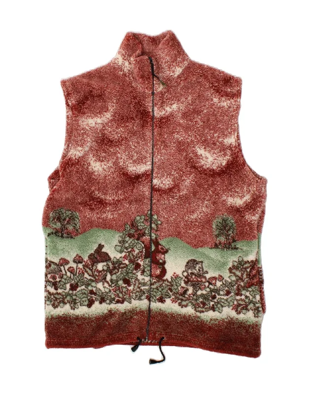 VINTAGE Womens Abstract Pattern Fleece Gilet UK 18 XL Maroon Polyester