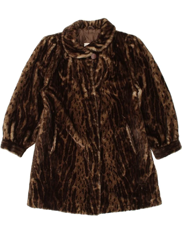 VINTAGE Womens Faux Fur Overcoat EU 40 Medium Brown Animal Print Polyester