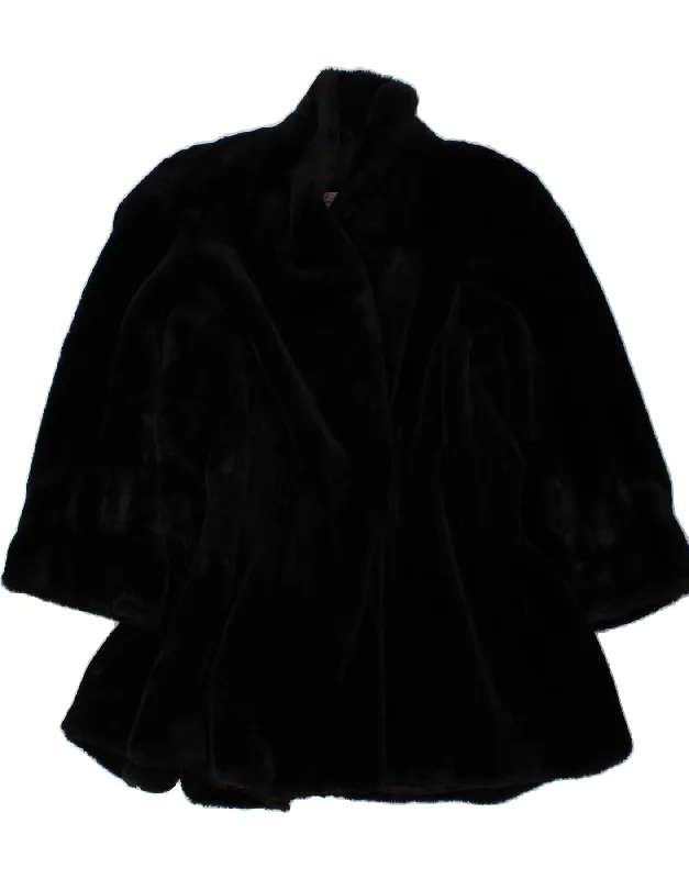 VINTAGE Womens Faux Fur Overcoat IT 46 Large Black Modacryl