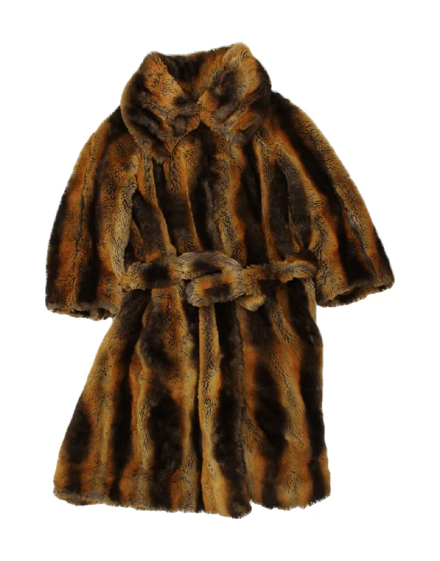 VINTAGE Womens Faux Fur Overcoat UK 16 Large Brown Striped