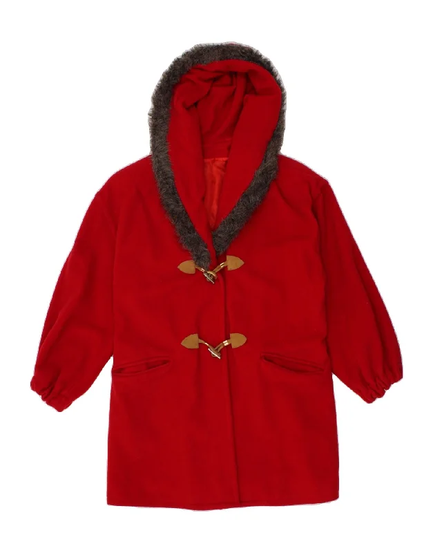 VINTAGE Womens Hooded Duffle Coat IT 42 Medium Red Wool