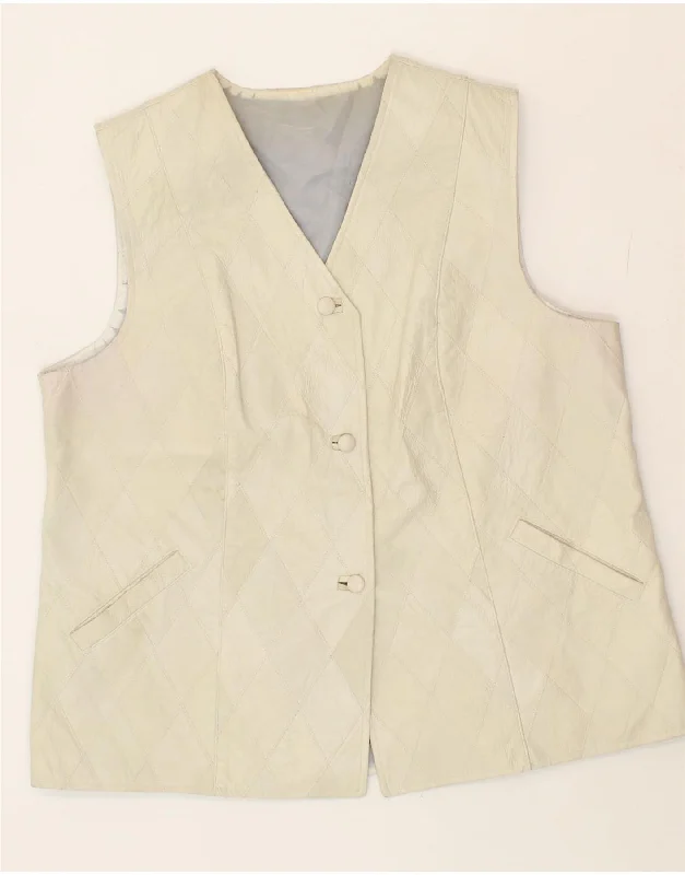 VINTAGE Womens Leather Gilet UK18 XL Beige Argyle/Diamond