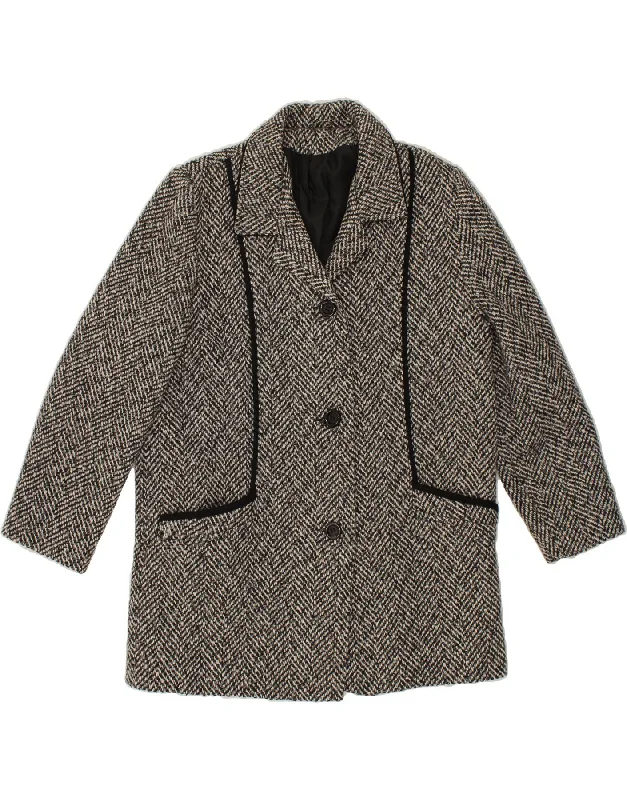 VINTAGE Womens Overcoat UK 12 Medium Grey Herringbone Acrylic