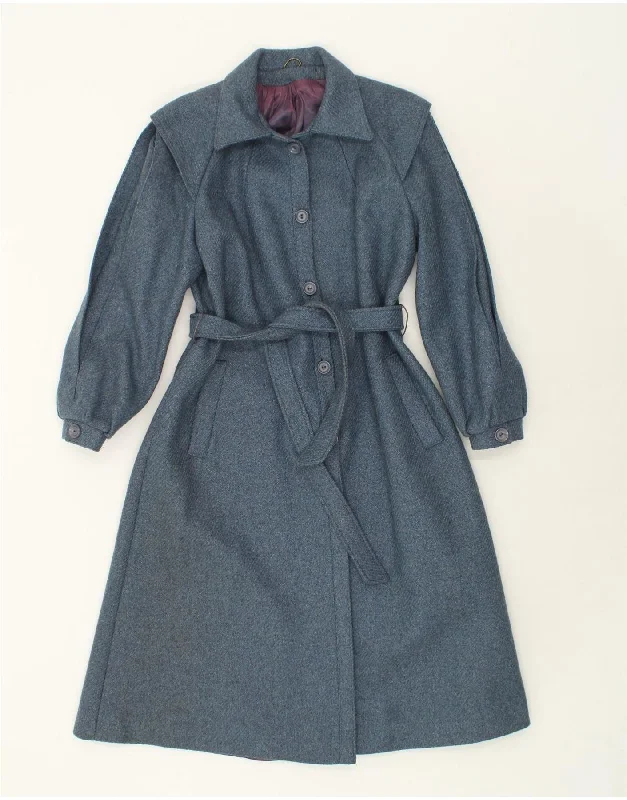 VINTAGE Womens Overcoat UK 14 Medium Blue Pinstripe Wool