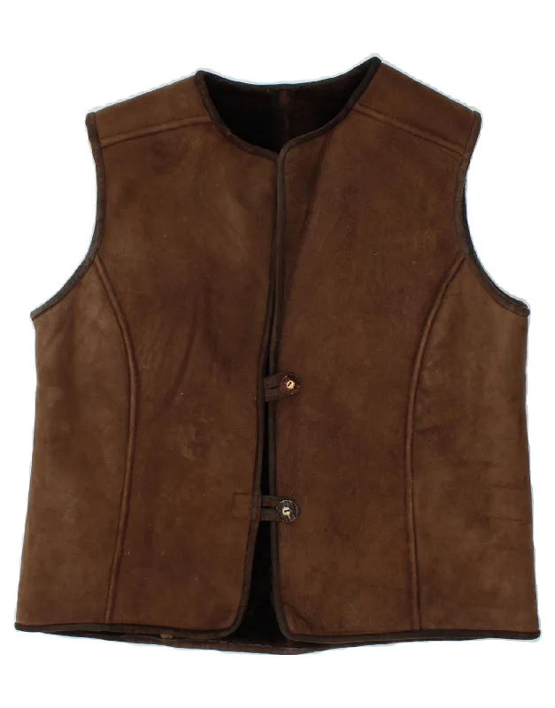 VINTAGE Womens Shearling Gilet UK 16 Large Brown