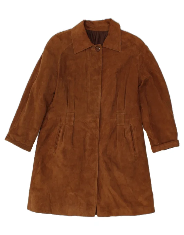 VINTAGE Womens Suede Overcoat IT 44 Medium Brown Leather