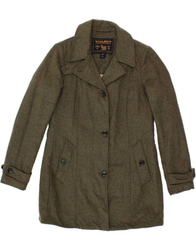 WOOLRICH Womens Overcoat UK 14 Medium Khaki Wool