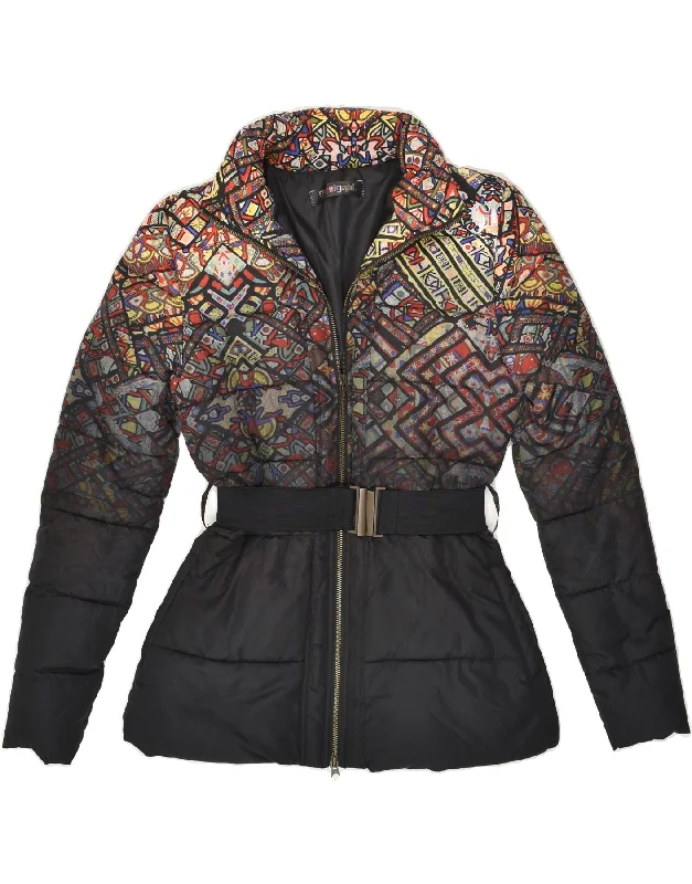 DESIGUAL Womens Abstract Pattern Padded Jacket EU 38 Medium Black