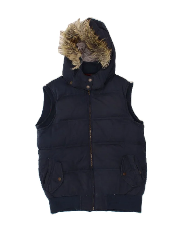 FAT FACE Womens Hooded Padded Gilet UK 12 Medium Navy Blue Cotton