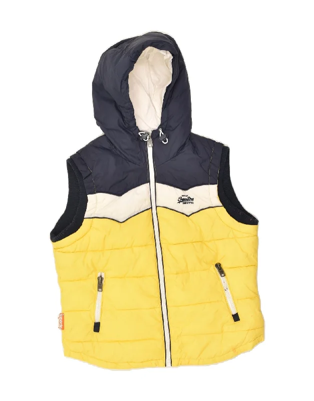 SUPERDRY Womens Hooded Padded Gilet UK 14 Large Yellow Colourblock