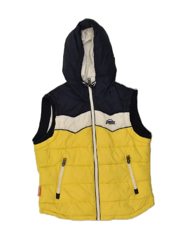 SUPERDRY Womens Hooded Padded Gilet UK 14 Medium Yellow Colourblock Nylon