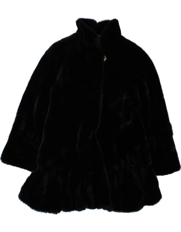 VINTAGE Womens Faux Fur Overcoat IT 42 Medium Navy Blue Acrylic