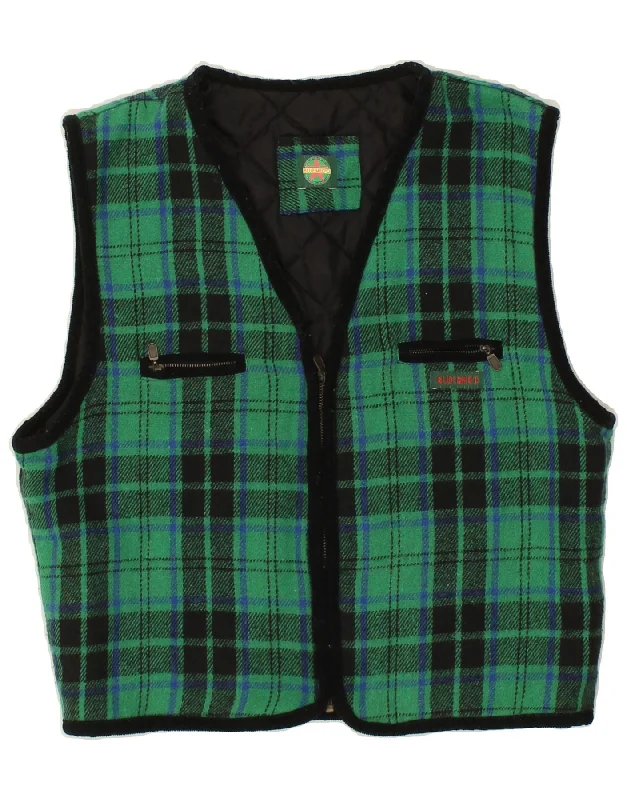 VINTAGE Womens Gilet UK 14 Medium Green Check Acrylic