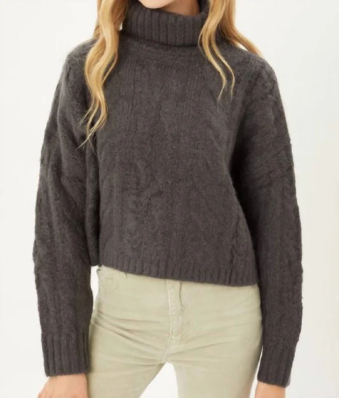 Cable Knit Short Turtleneck Sweater In Charcoal