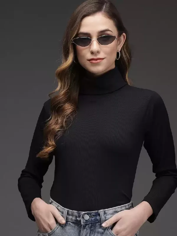 TANDUL  Solid Turtle Neck Casual Women Black Sweater