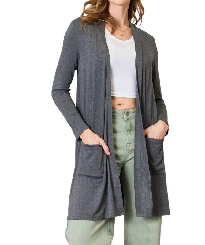 Full Size Open Front Cardigan With Pockets In Dark Gray