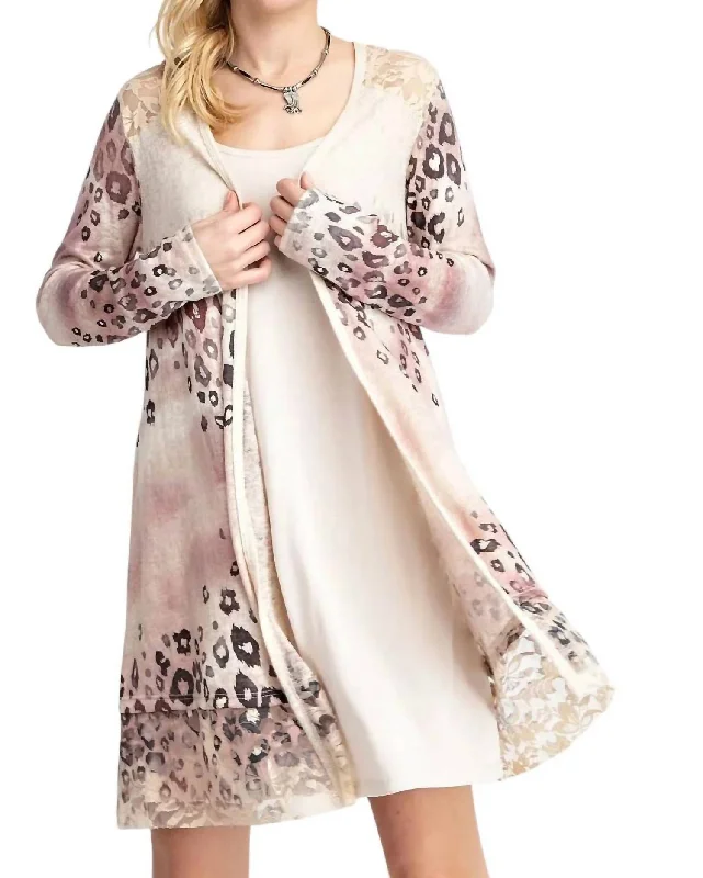 Leopard Cardigan With Lace Detail In Multi