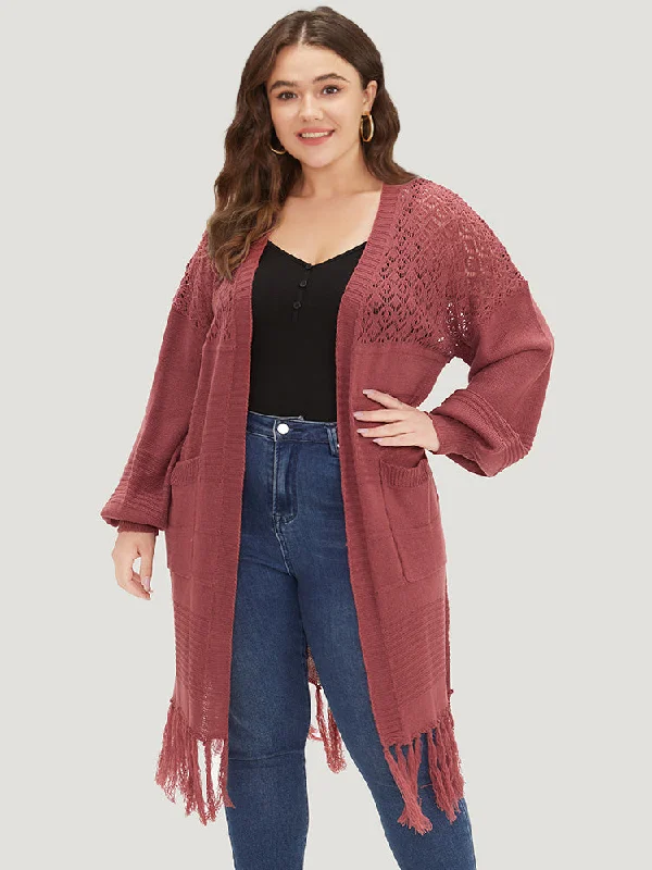 Plain Fringe Trim Patched Pocket Cardigan