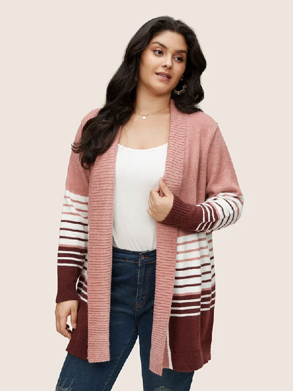 Striped Colorblock Contrast Lapel Collar Cardigan