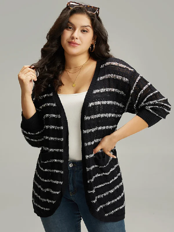 Striped Eyelet Curved Hem Patched Pocket Cardigan