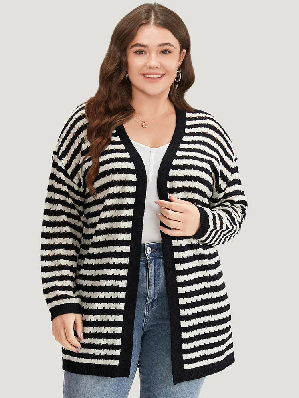 Striped Geo Eyelet Drop Shoulder Cardigan