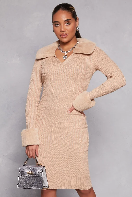 Almost Famous Faux Fur Collar Midi Dress