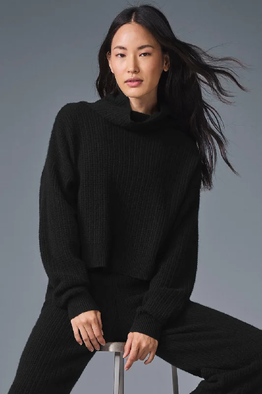 Cashmere Plush Waffle Turtleneck Pullover - Black