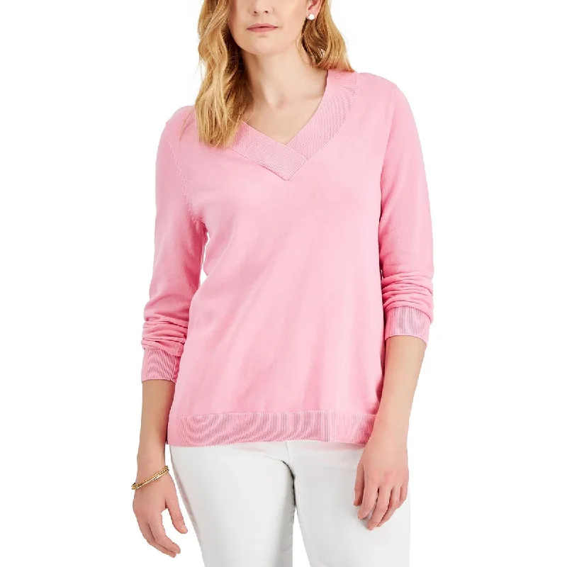 Womens Ribbed Trim Pullover V-Neck Sweater