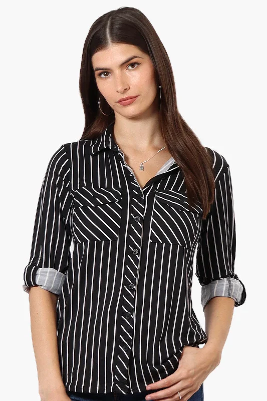 Urbanology Striped Roll Up Sleeve Button Up Shirt - Black