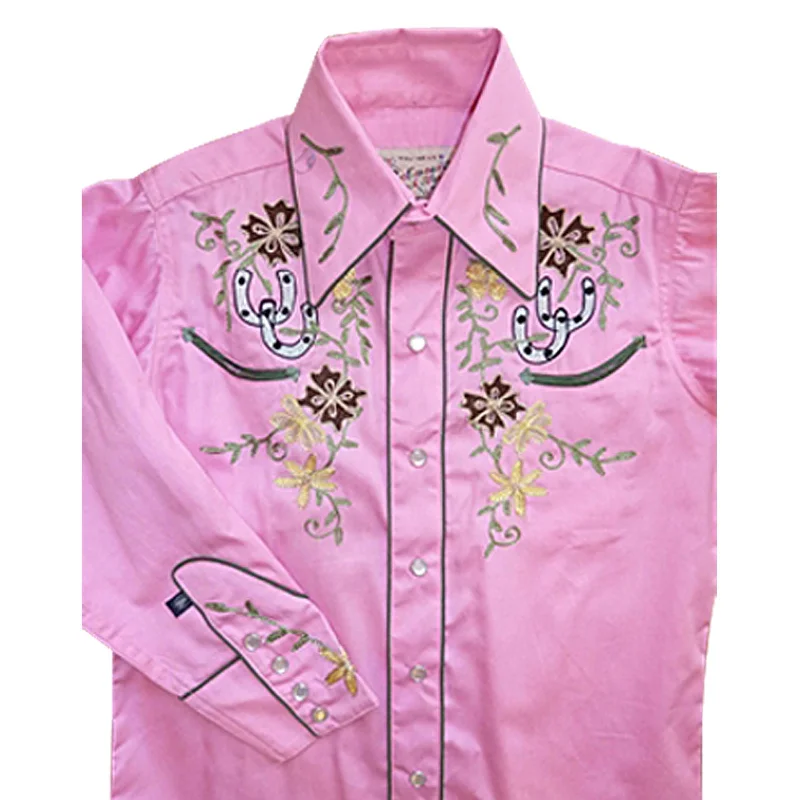 Kid's Embroidered Pink Lucky Horseshoe Western Snap Shirt