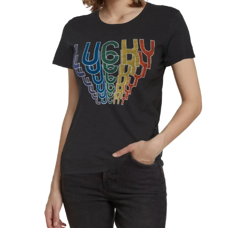 Lucky Brand Cascading Rainbow Lucky Graphic Print Soft Cotton T-Shirt Top