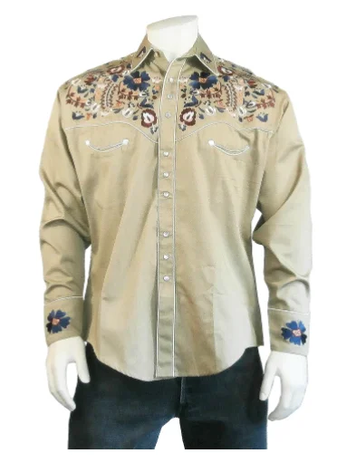 Men's Khaki Long Sleeve Vintage Floral Embroidered Snap Shirt