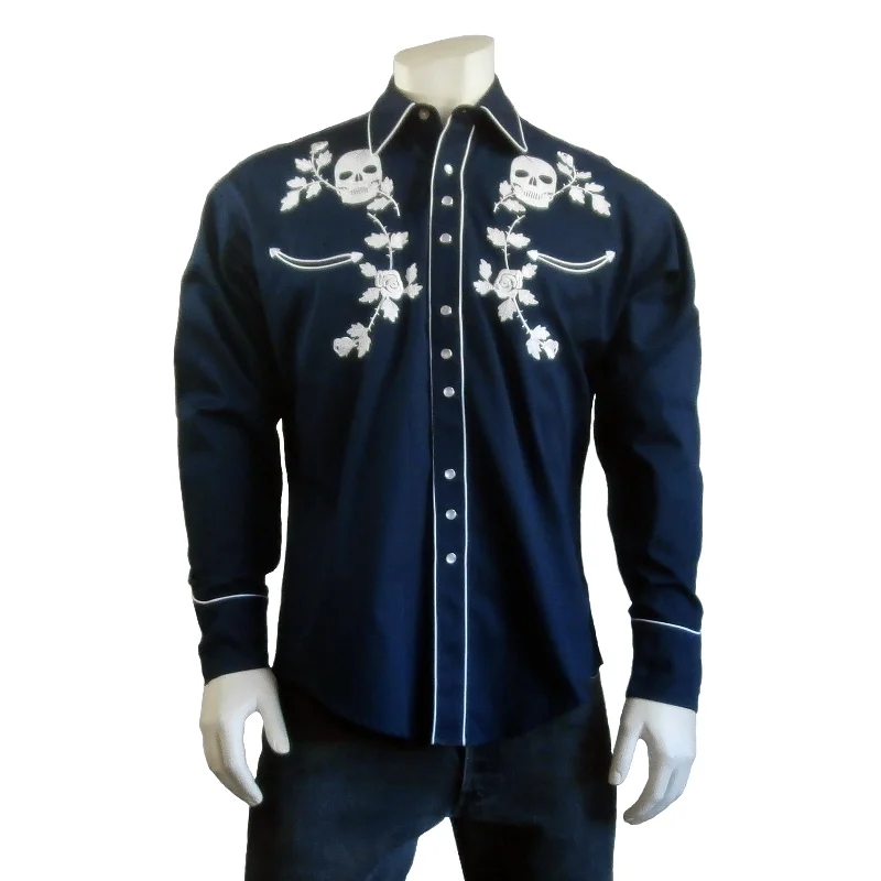 Men's Navy Embroidered Skull & Roses Snap Shirt