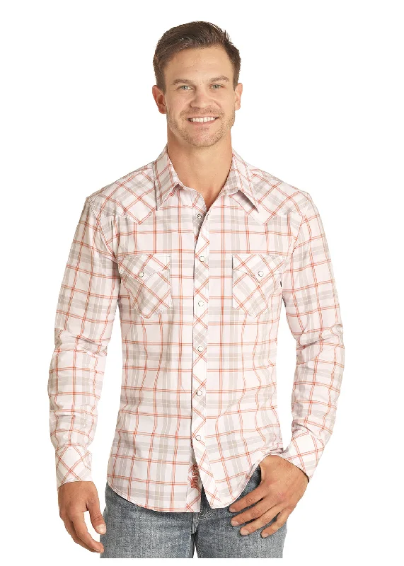 Panhandle Rock and Roll Cowboy Long Sleeve White Plaid Shirt