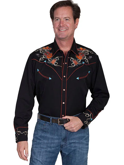 Scully Men's Black Boots, Hats, Guitars Embroidered Shirt