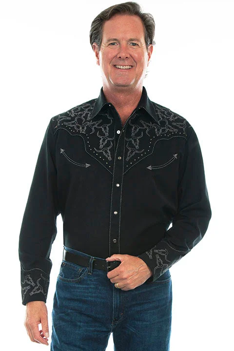 Scully Men's Black Longhorn Embroidered Western Shirt